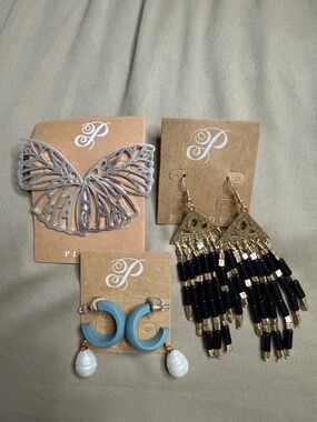 Plunder earrings set of three Blue Hoop Drop Earrings with Pearl